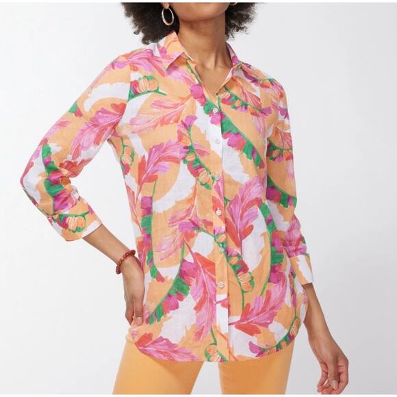 Chico's Women's Floral No-Iron Linen 3/4 Sleeve Foliage Shirt Multicolor Size 16 - Picture 1 of 11
